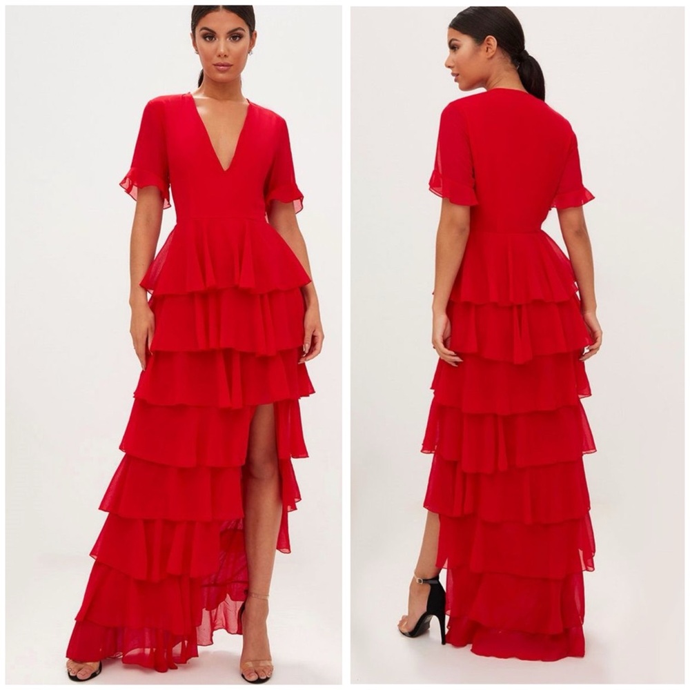 PrettyLittleThing Red Chiffon Ruffle Layer Maxi Dress | Size 6